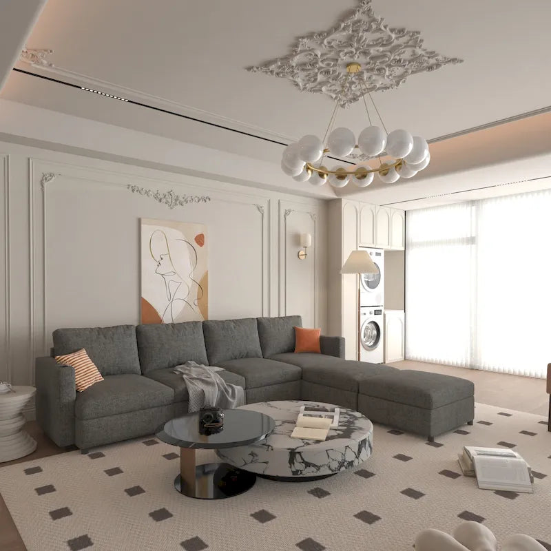 Canapé-lit d'angle modulable en U gris / blanc antique avec rangement – Style moderne, 6 places