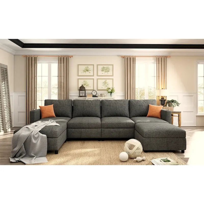 Canapé-lit d'angle modulable en U gris / blanc antique avec rangement – Style moderne, 6 places