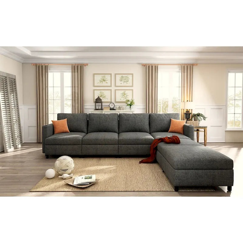 Canapé-lit d'angle modulable en U gris / blanc antique avec rangement – Style moderne, 6 places