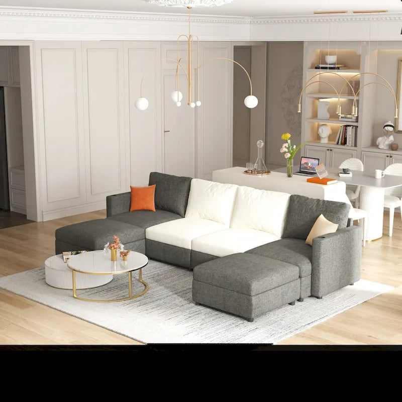Canapé-lit d'angle modulable en U gris / blanc antique avec rangement – Style moderne, 6 places