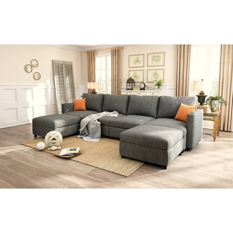 Canapé-lit d'angle modulable en U gris / blanc antique avec rangement – Style moderne, 6 places
