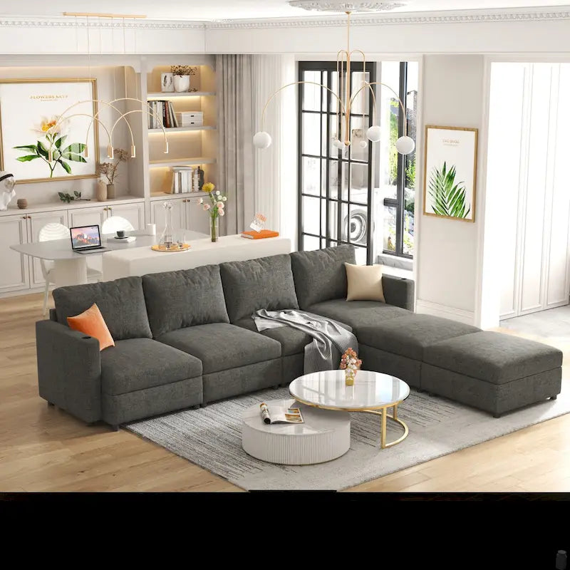 Canapé-lit d'angle modulable en U gris / blanc antique avec rangement – Style moderne, 6 places