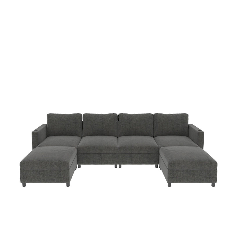 Canapé-lit d'angle modulable en U gris / blanc antique avec rangement – Style moderne, 6 places