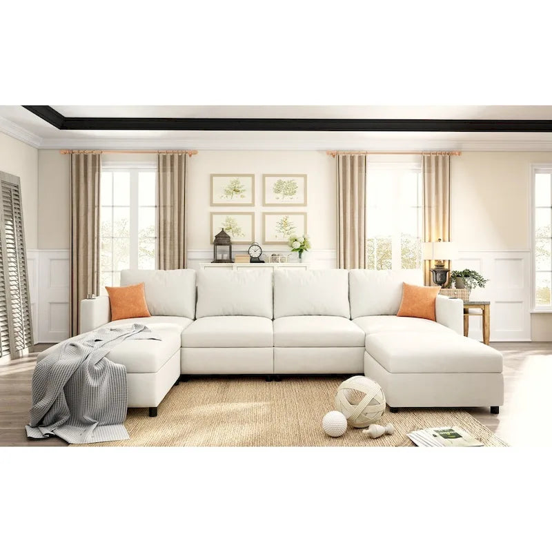 Canapé-lit d'angle modulable en U gris / blanc antique avec rangement – Style moderne, 6 places
