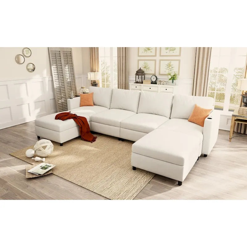 Canapé-lit d'angle modulable en U gris / blanc antique avec rangement – Style moderne, 6 places