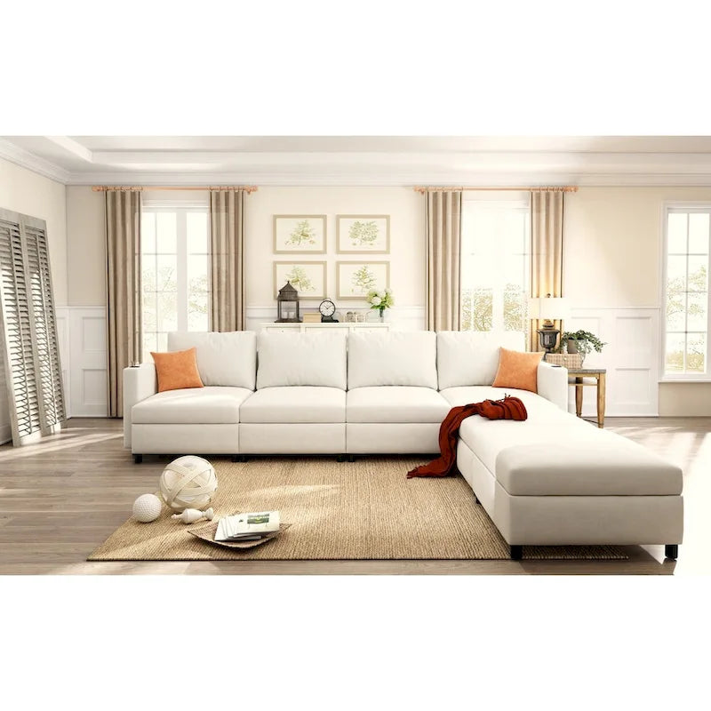 Canapé-lit d'angle modulable en U gris / blanc antique avec rangement – Style moderne, 6 places