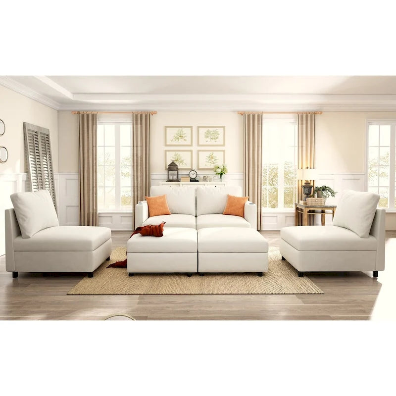 Canapé-lit d'angle modulable en U gris / blanc antique avec rangement – Style moderne, 6 places