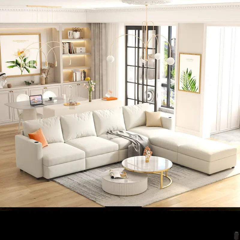 Canapé-lit d'angle modulable en U gris / blanc antique avec rangement – Style moderne, 6 places