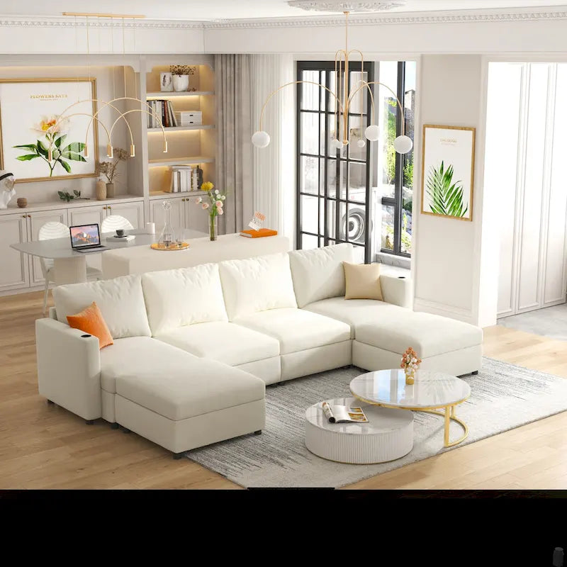 Canapé-lit d'angle modulable en U gris / blanc antique avec rangement – Style moderne, 6 places