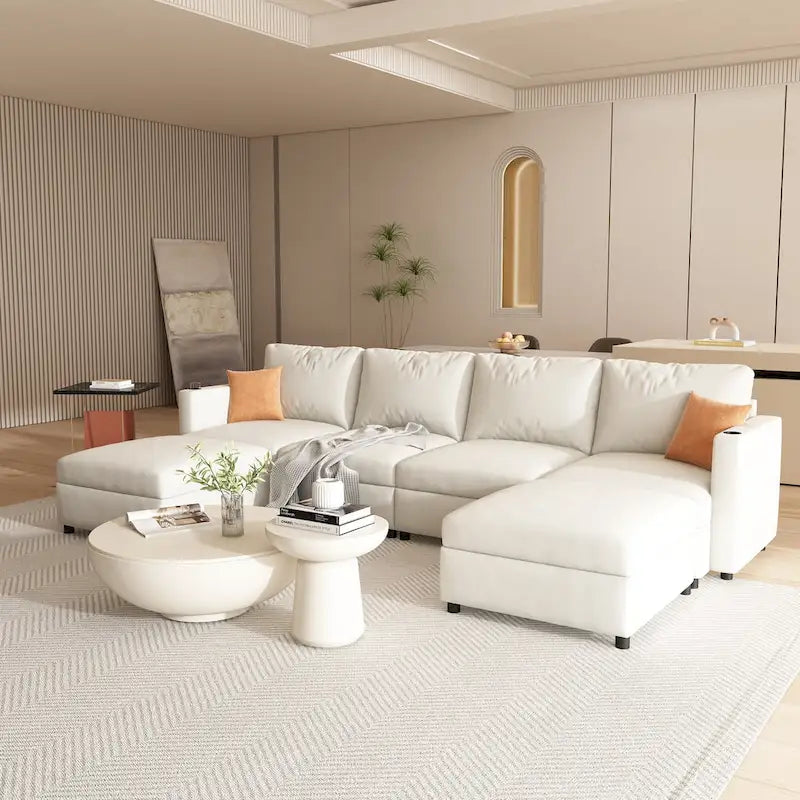Canapé-lit d'angle modulable en U gris / blanc antique avec rangement – Style moderne, 6 places