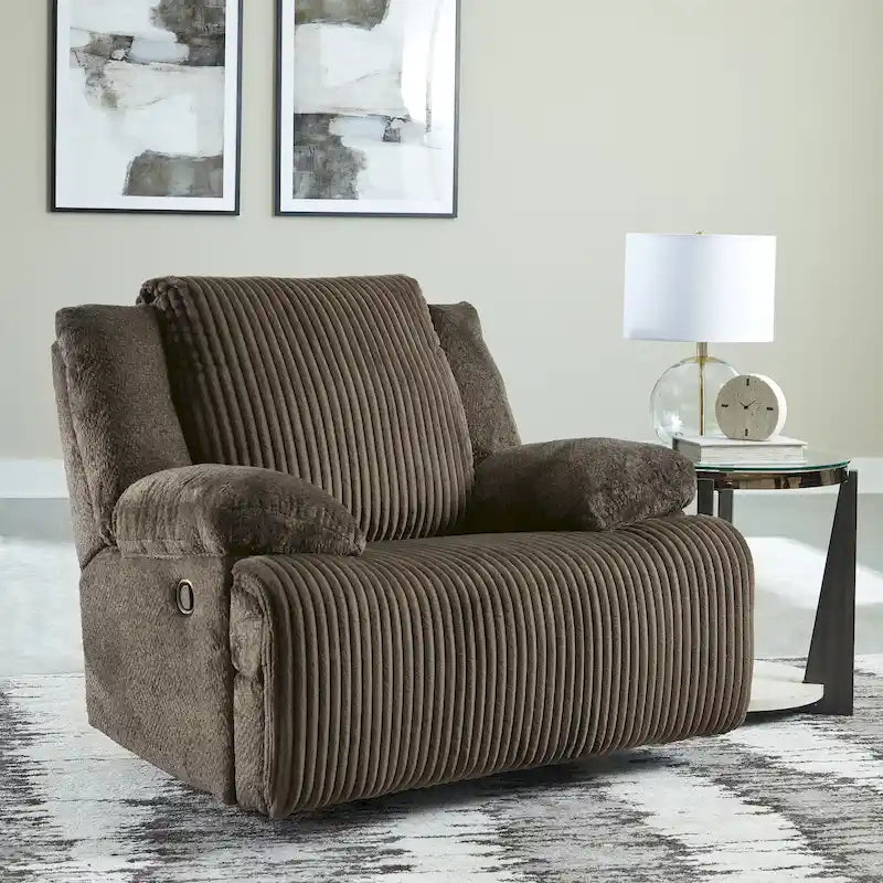Fauteuil inclinable à bascule en velours côtelé marron/gris avec languette et coussins décoratifs – 1 place