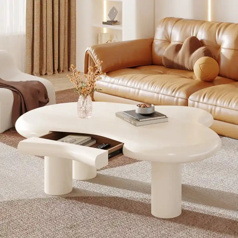 Table basse en forme de nuage blanc avec tiroir – Style moderne, pour 1 à 2 personnes