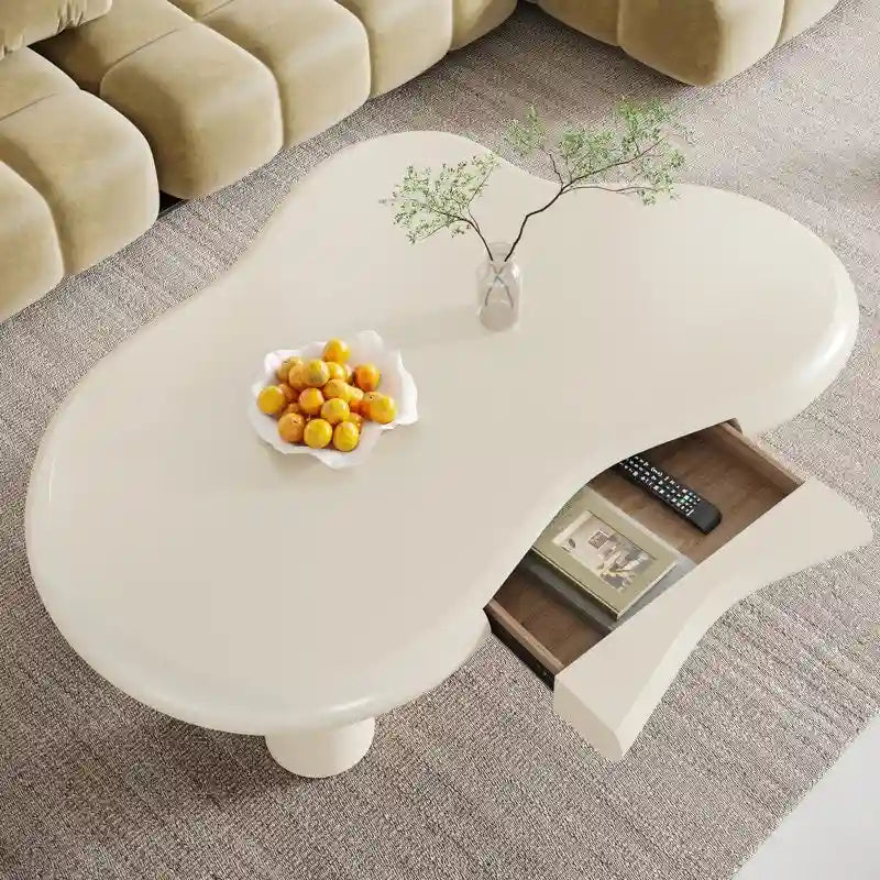 Table basse en forme de nuage blanc avec tiroir – Style moderne, pour 1 à 2 personnes