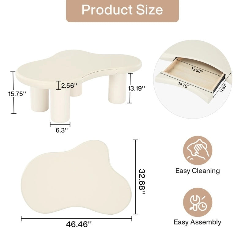 Table basse en forme de nuage blanc avec tiroir – Style moderne, pour 1 à 2 personnes