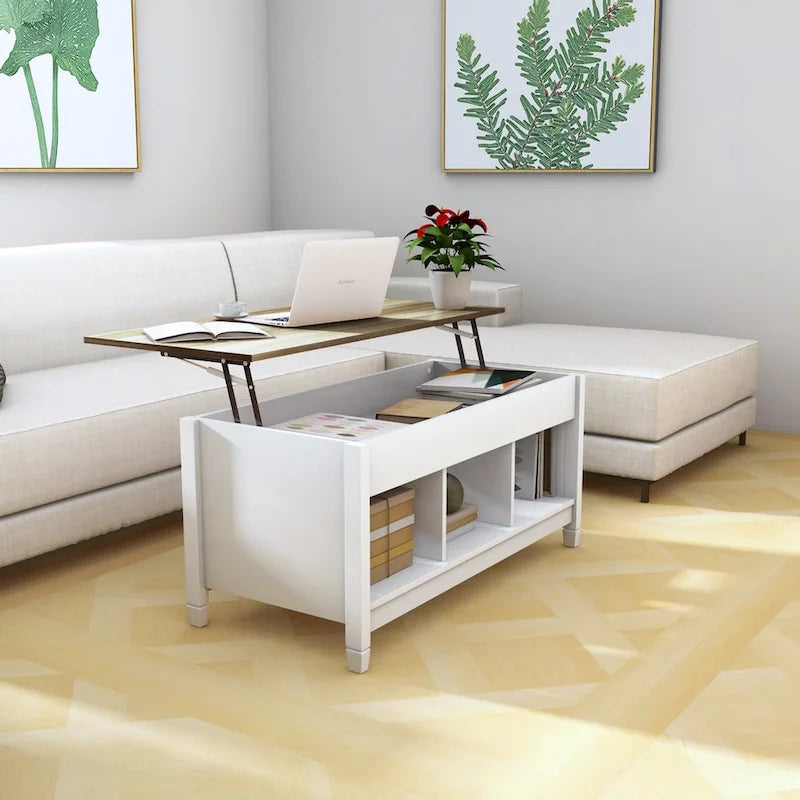 Table basse élévatrice blanche avec rangement dissimulé – Style moderne, pour 1 à 2 personnes