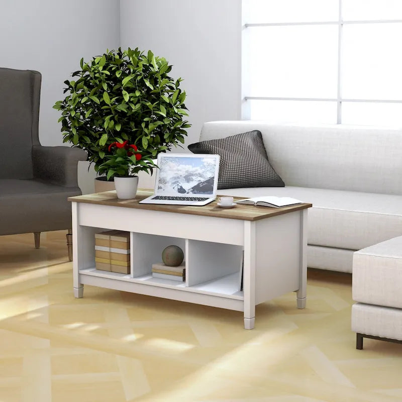 Table basse élévatrice blanche avec rangement dissimulé – Style moderne, pour 1 à 2 personnes