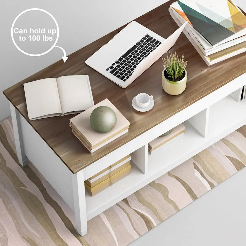 Table basse élévatrice blanche avec rangement dissimulé – Style moderne, pour 1 à 2 personnes