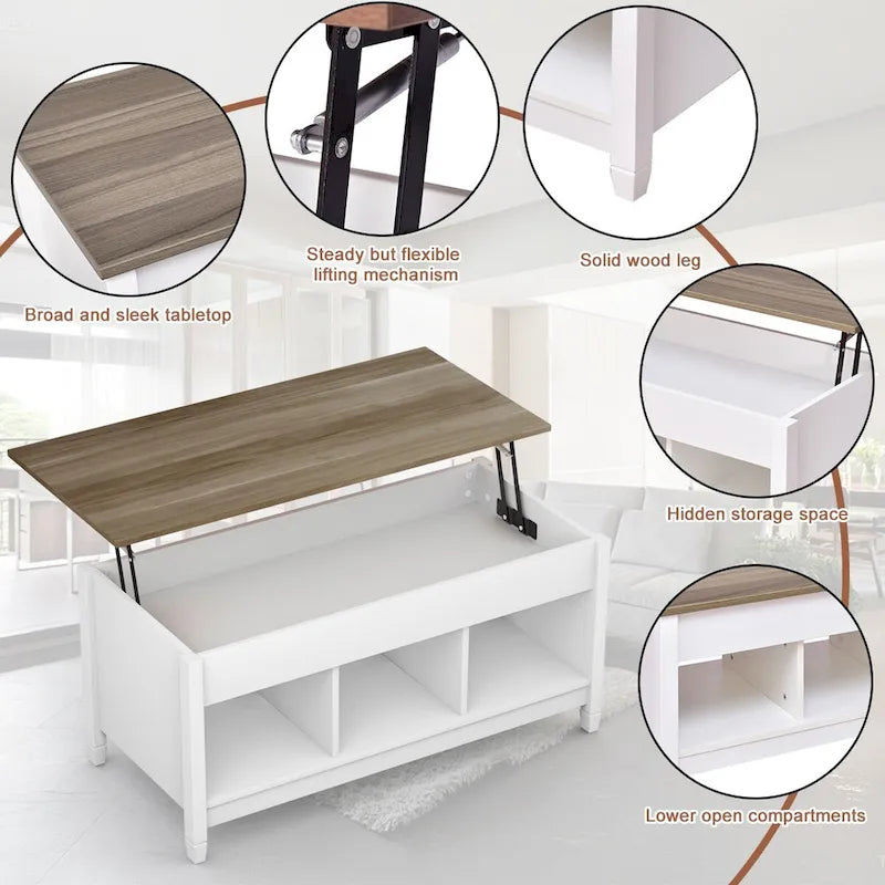 Table basse élévatrice blanche avec rangement dissimulé – Style moderne, pour 1 à 2 personnes