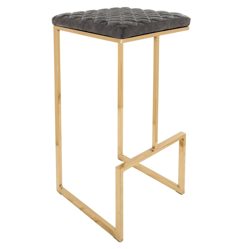 Tabouret de bar en cuir matelassé Bleu paon / Vert olive / Noir anthracite / Marron clair / Gris – Piètement luge en métal doré, Assise unique