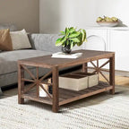 Table basse rectangulaire marron avec étagère de rangement – Style rétro, pour 1 à 2 personnes