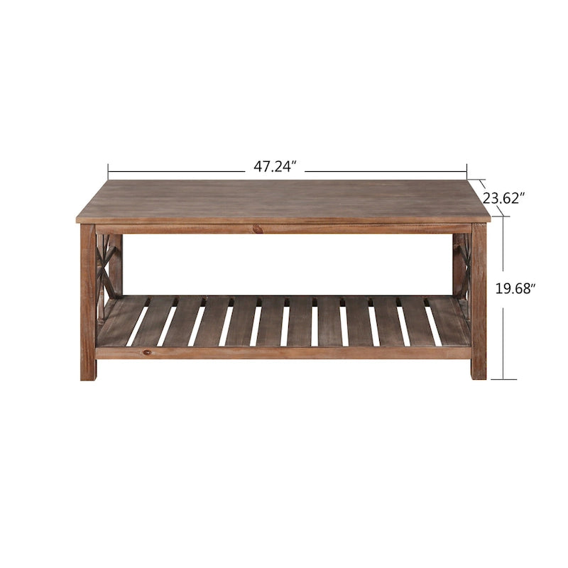 Table basse rectangulaire marron avec étagère de rangement – Style rétro, pour 1 à 2 personnes
