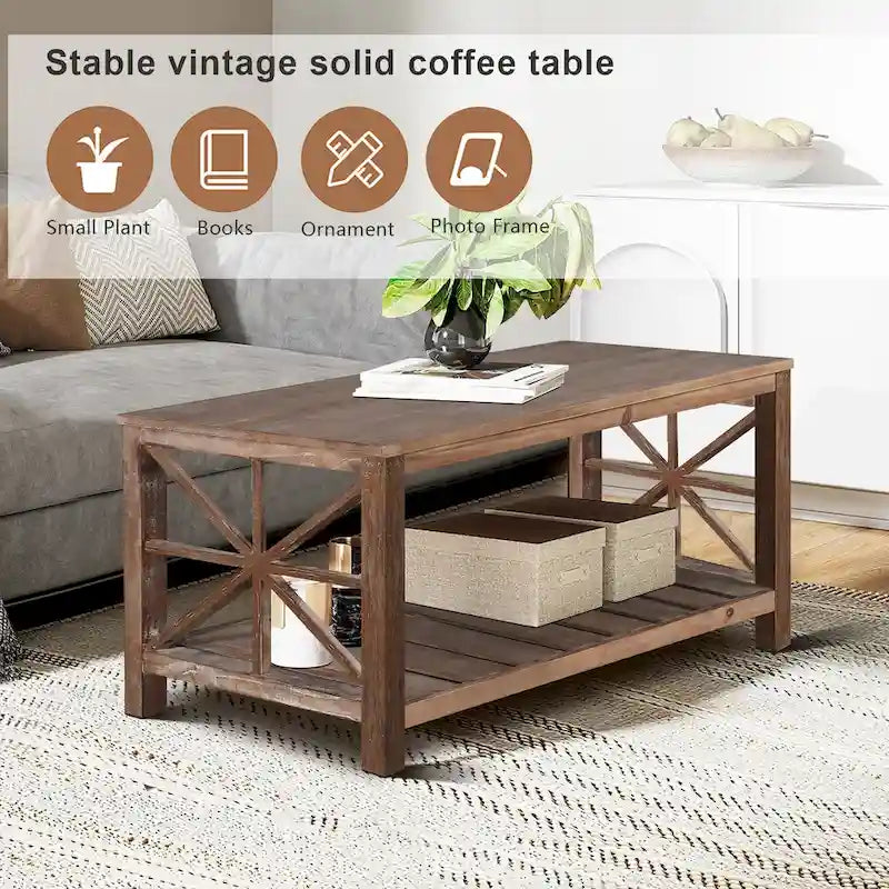 Table basse rectangulaire marron avec étagère de rangement – Style rétro, pour 1 à 2 personnes