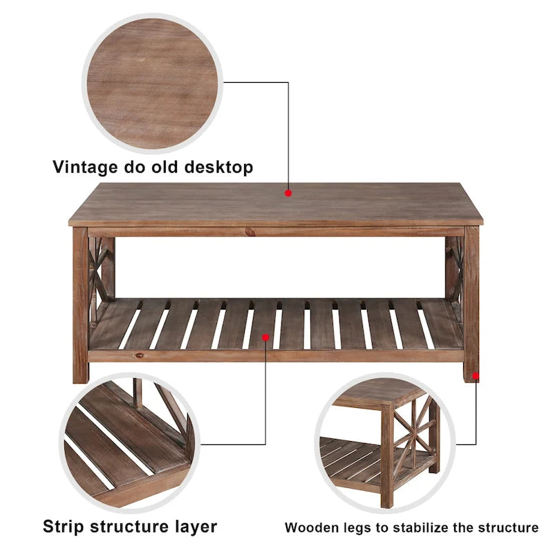 Table basse rectangulaire marron avec étagère de rangement – Style rétro, pour 1 à 2 personnes