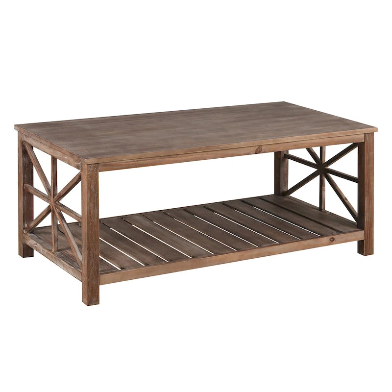 Table basse rectangulaire marron avec étagère de rangement – Style rétro, pour 1 à 2 personnes