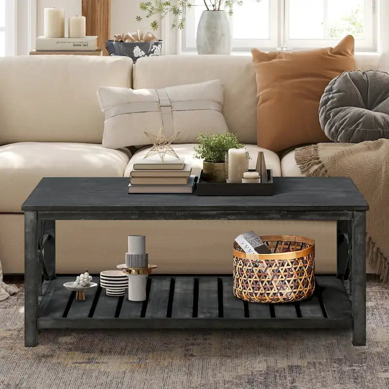 Table basse rectangulaire marron avec étagère de rangement – Style rétro, pour 1 à 2 personnes