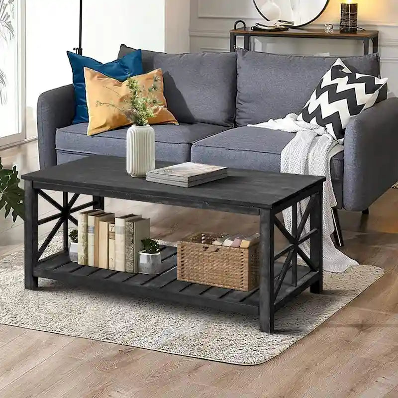 Table basse rectangulaire marron avec étagère de rangement – Style rétro, pour 1 à 2 personnes