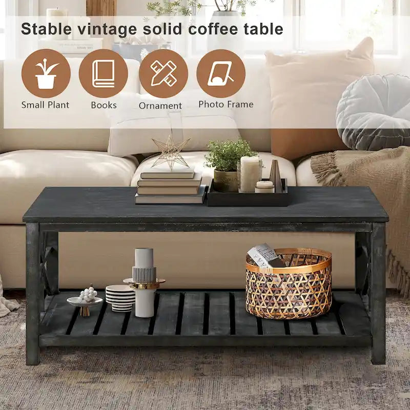 Table basse rectangulaire marron avec étagère de rangement – Style rétro, pour 1 à 2 personnes