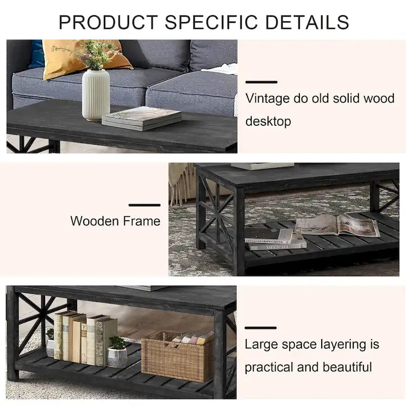 Table basse rectangulaire marron avec étagère de rangement – Style rétro, pour 1 à 2 personnes