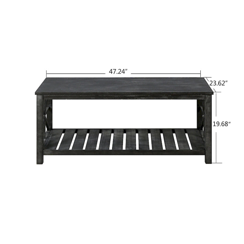 Table basse rectangulaire marron avec étagère de rangement – Style rétro, pour 1 à 2 personnes