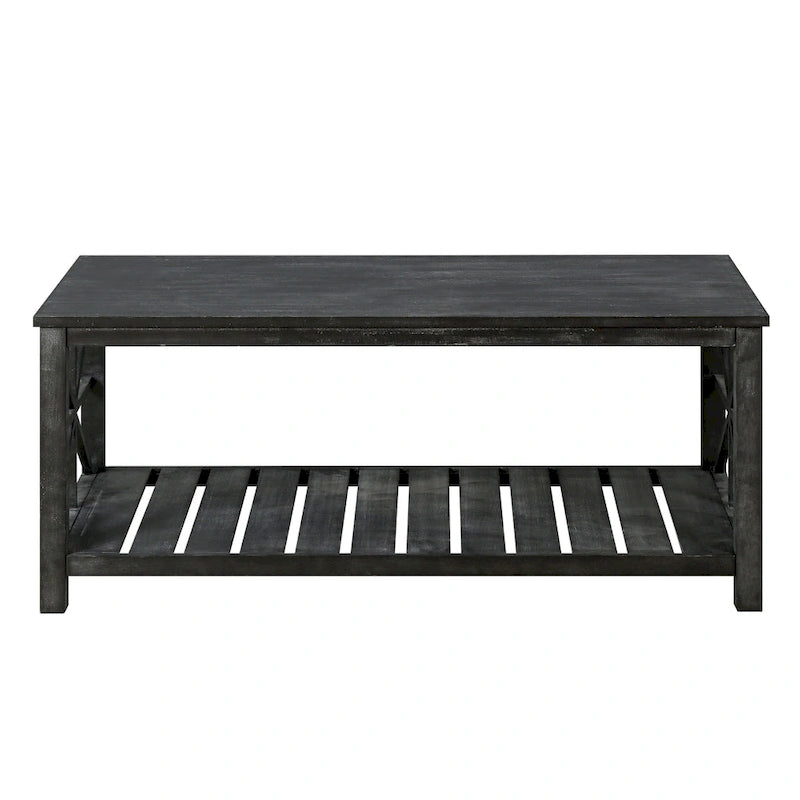 Table basse rectangulaire marron avec étagère de rangement – Style rétro, pour 1 à 2 personnes