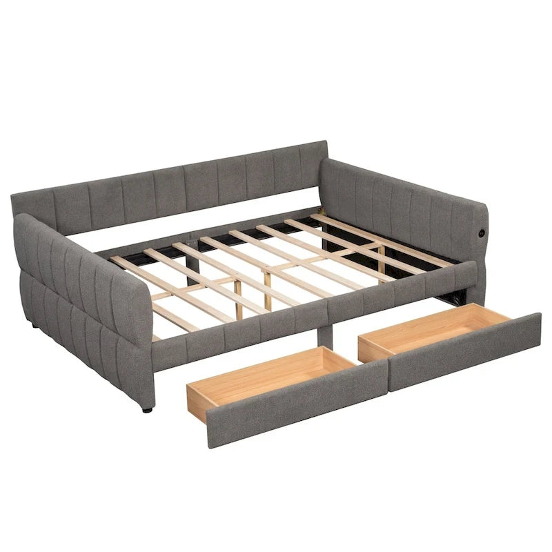Lit plateforme Queen capitonné en peau de mouton avec port USB et 2 tiroirs – Style moderne, pour 1 à 2 personnes