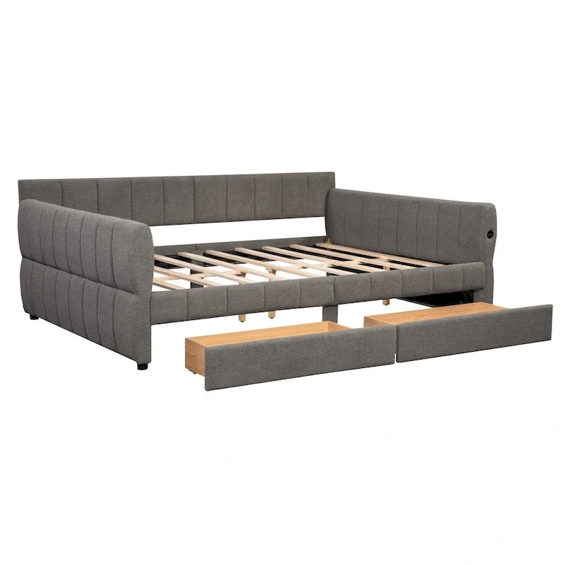 Lit plateforme Queen capitonné en peau de mouton avec port USB et 2 tiroirs – Style moderne, pour 1 à 2 personnes