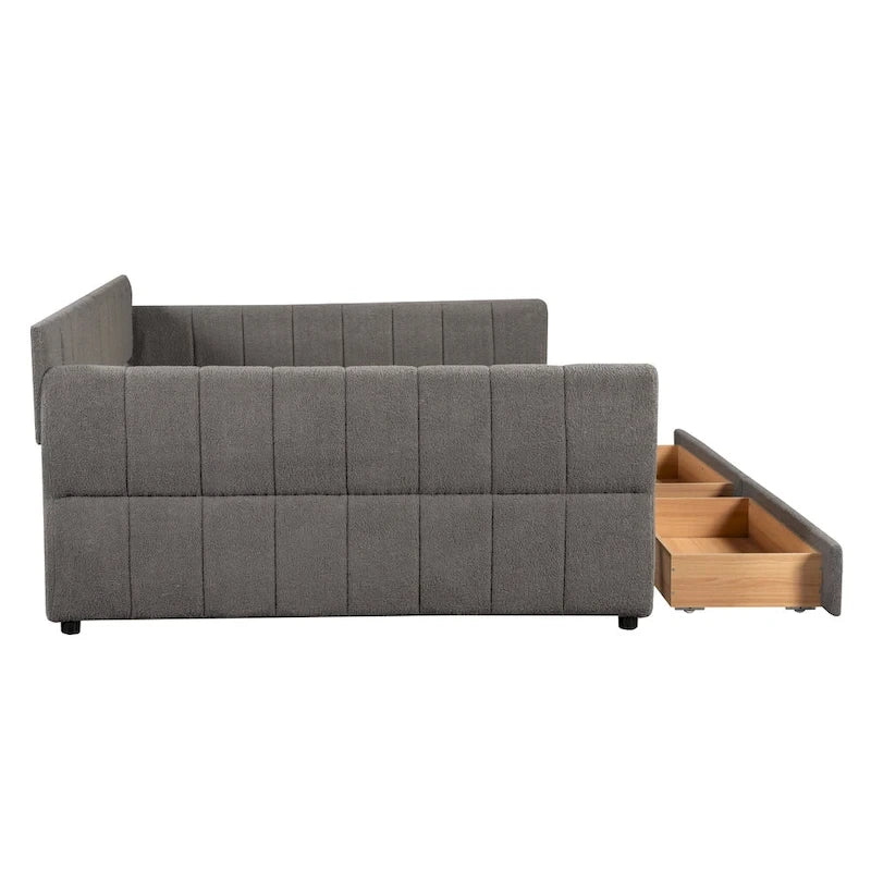Lit plateforme Queen capitonné en peau de mouton avec port USB et 2 tiroirs – Style moderne, pour 1 à 2 personnes
