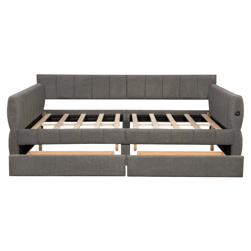 Lit plateforme Queen capitonné en peau de mouton avec port USB et 2 tiroirs – Style moderne, pour 1 à 2 personnes