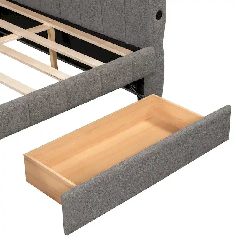 Lit plateforme Queen capitonné en peau de mouton avec port USB et 2 tiroirs – Style moderne, pour 1 à 2 personnes