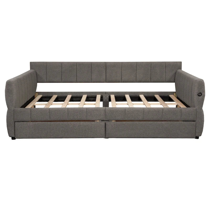Lit plateforme Queen capitonné en peau de mouton avec port USB et 2 tiroirs – Style moderne, pour 1 à 2 personnes