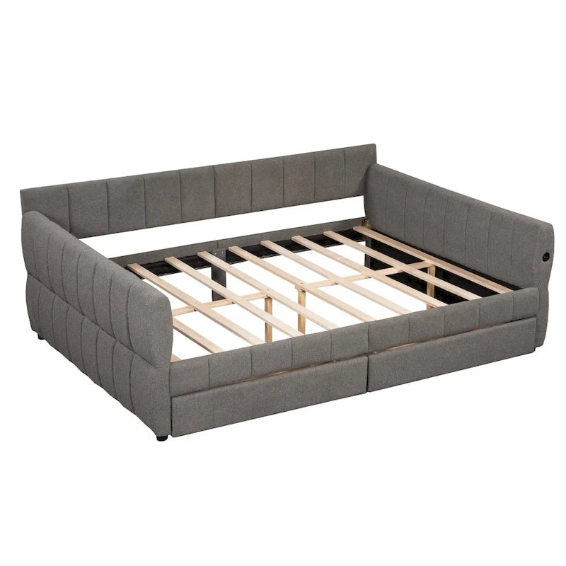 Lit plateforme Queen capitonné en peau de mouton avec port USB et 2 tiroirs – Style moderne, pour 1 à 2 personnes