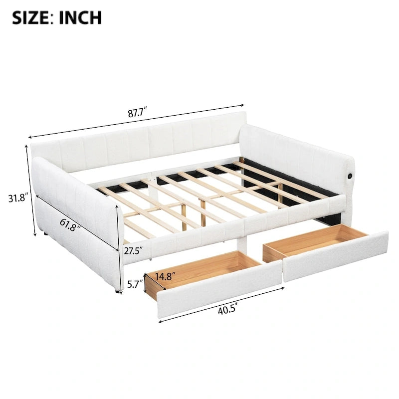 Lit plateforme Queen capitonné en peau de mouton avec port USB et 2 tiroirs – Style moderne, pour 1 à 2 personnes