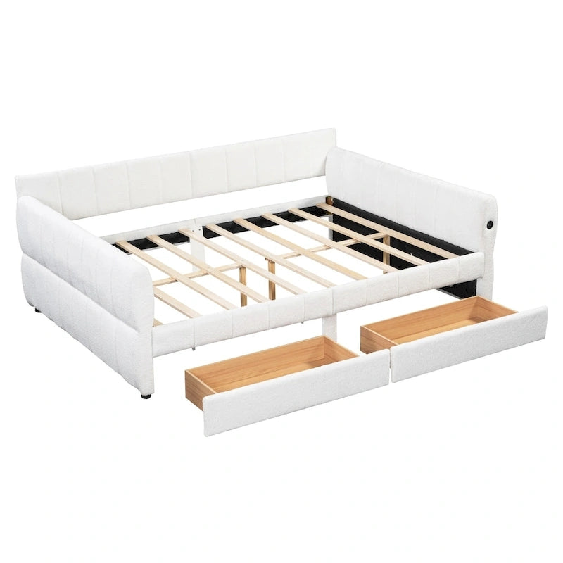 Lit plateforme Queen capitonné en peau de mouton avec port USB et 2 tiroirs – Style moderne, pour 1 à 2 personnes