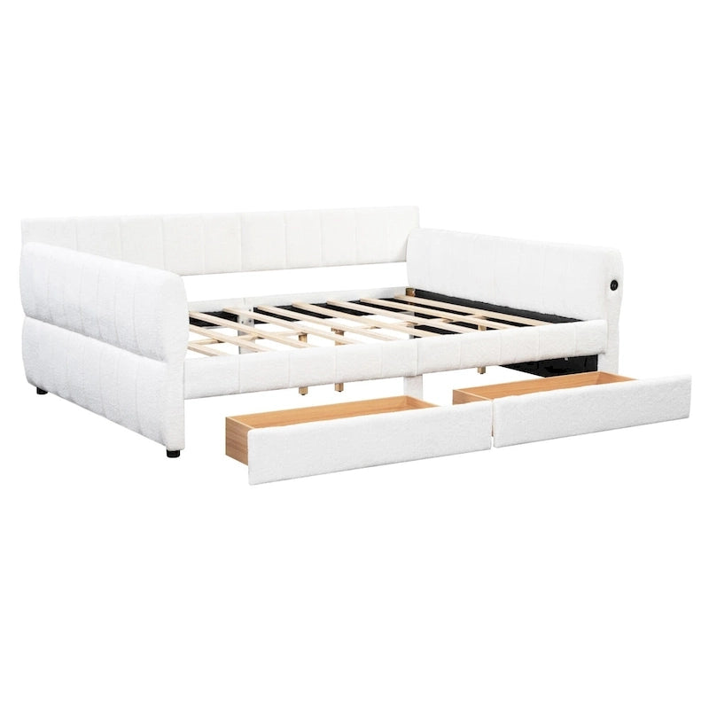 Lit plateforme Queen capitonné en peau de mouton avec port USB et 2 tiroirs – Style moderne, pour 1 à 2 personnes