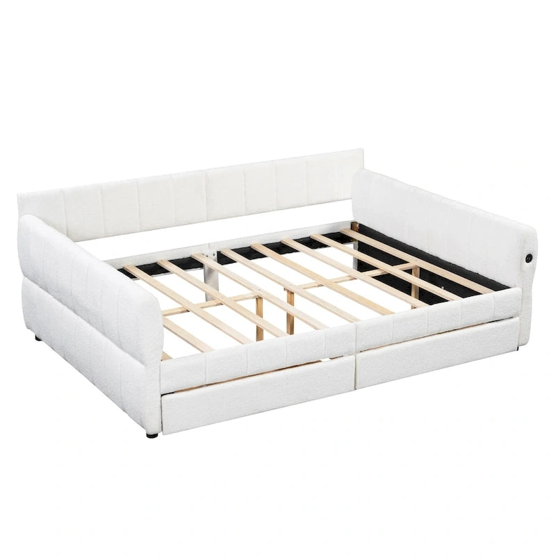 Lit plateforme Queen capitonné en peau de mouton avec port USB et 2 tiroirs – Style moderne, pour 1 à 2 personnes