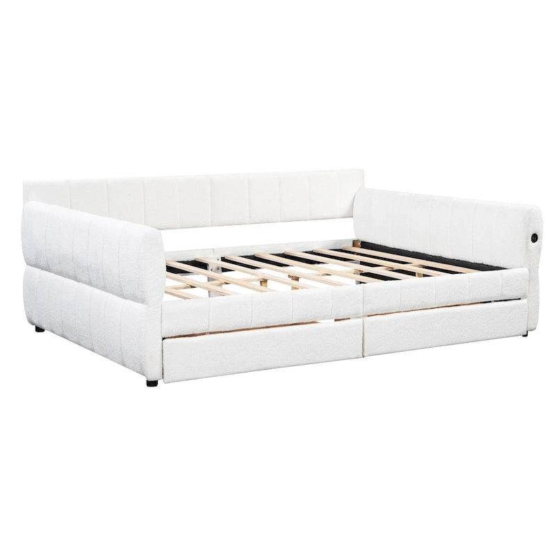 Lit plateforme Queen capitonné en peau de mouton avec port USB et 2 tiroirs – Style moderne, pour 1 à 2 personnes