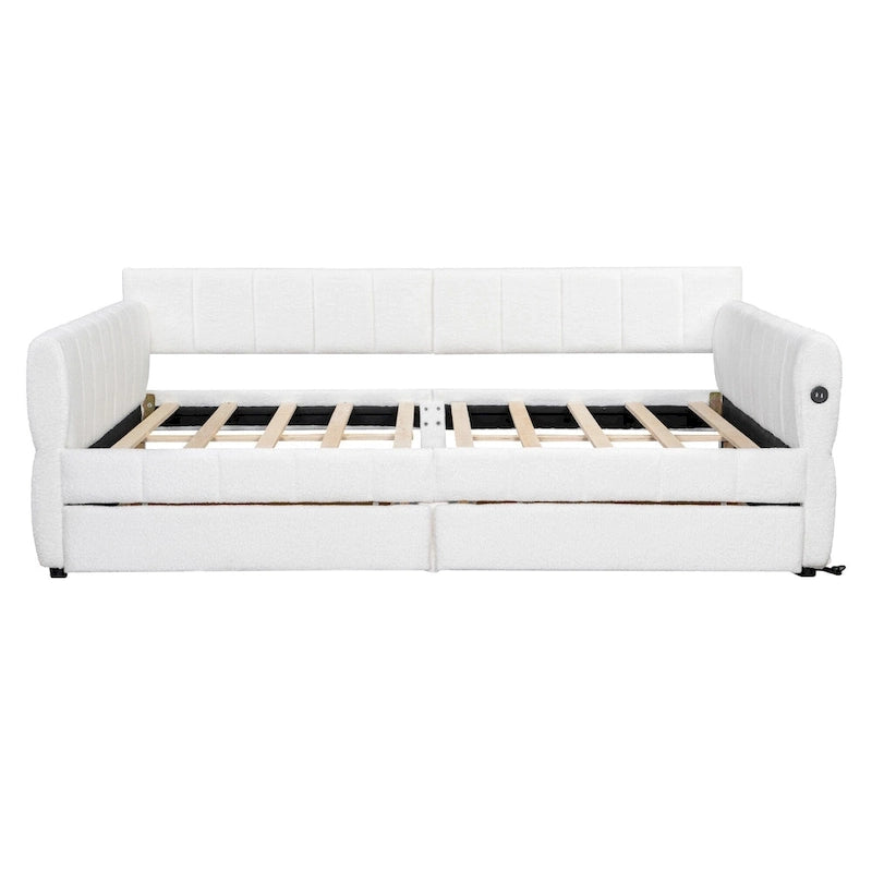 Lit plateforme Queen capitonné en peau de mouton avec port USB et 2 tiroirs – Style moderne, pour 1 à 2 personnes