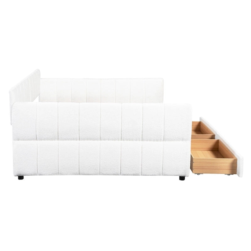 Lit plateforme Queen capitonné en peau de mouton avec port USB et 2 tiroirs – Style moderne, pour 1 à 2 personnes