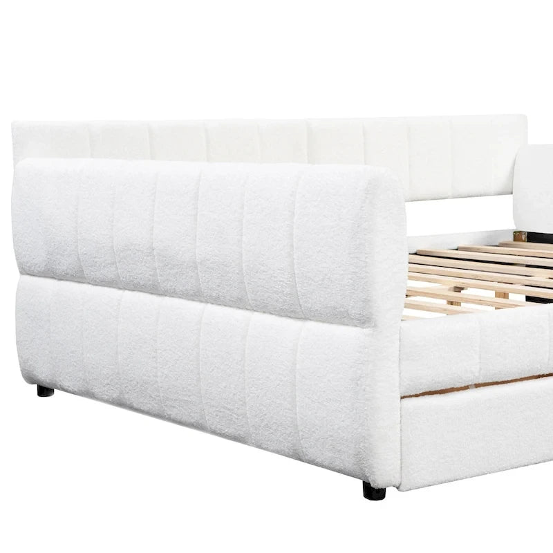 Lit plateforme Queen capitonné en peau de mouton avec port USB et 2 tiroirs – Style moderne, pour 1 à 2 personnes