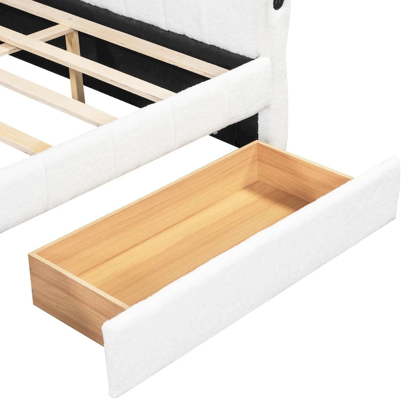 Lit plateforme Queen capitonné en peau de mouton avec port USB et 2 tiroirs – Style moderne, pour 1 à 2 personnes